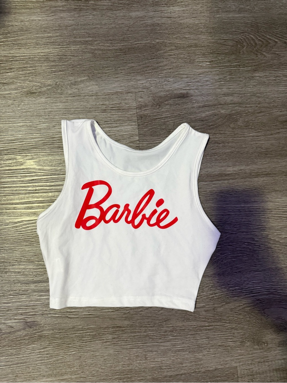 Barbie White Crop Tank with Red Script Logo